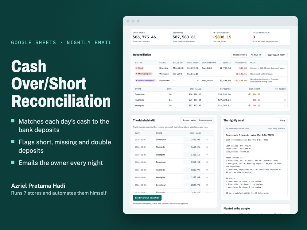 Cash reconciliation demo: totals, flagged deposits and the nightly email