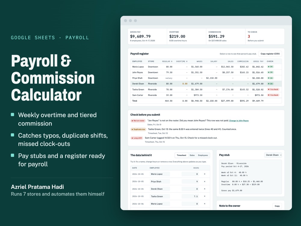 Payroll demo: gross pay, overtime, commission and items to check
