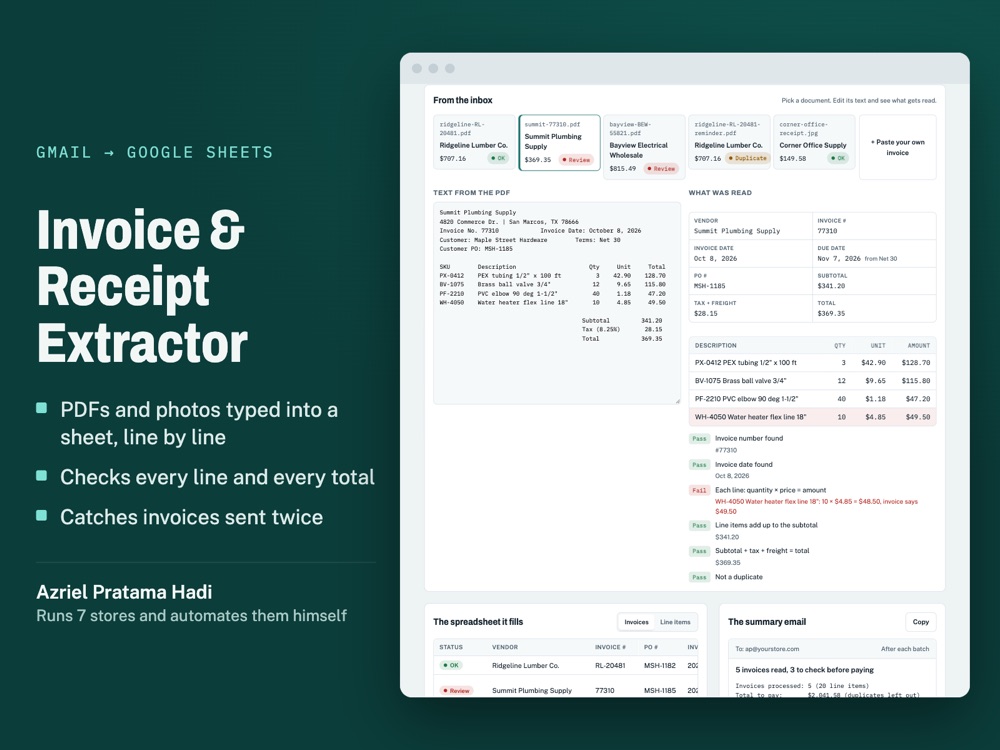 Invoice extractor demo: invoice text, fields read and checks passed or failed