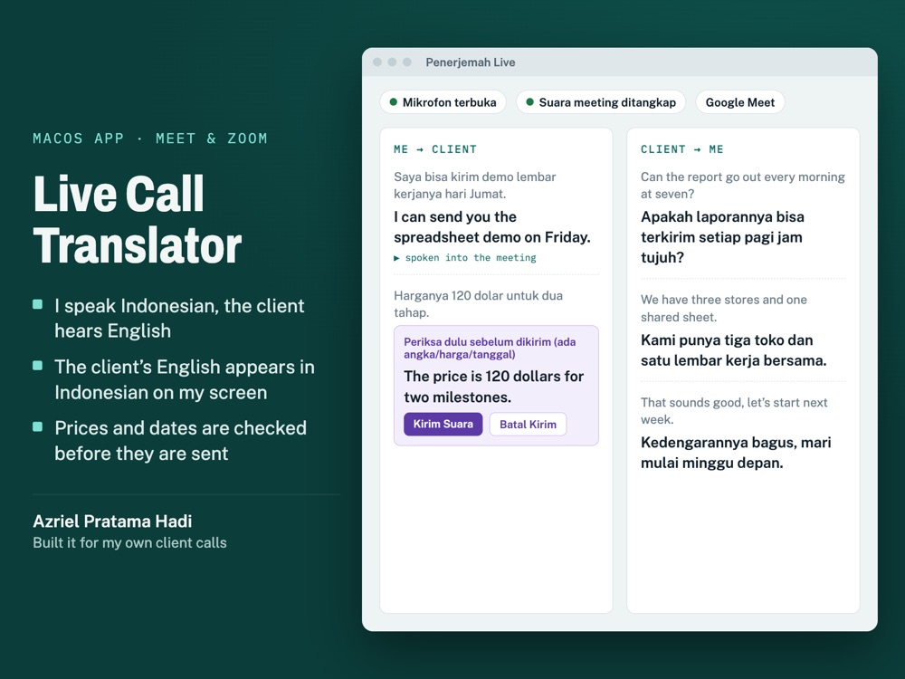 Live Call Translator: my Indonesian becomes English for the client, and the client's English appears in Indonesian on my screen